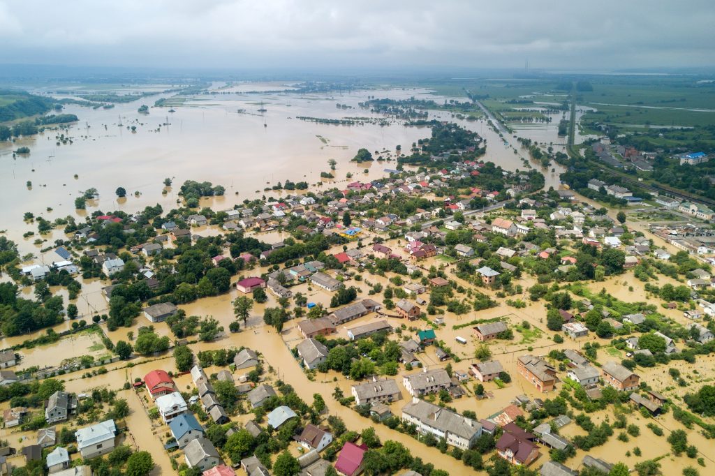 Aerial view of flooded houses with dirty water of Dnister river in Halych town, western Ukraine.