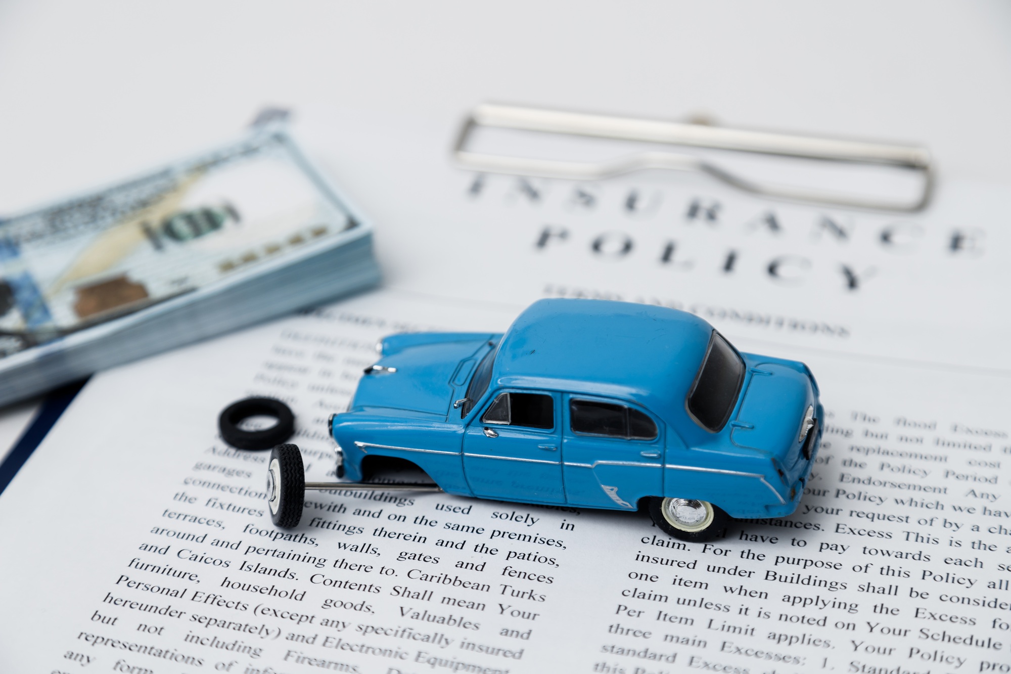 Accident car breakdown and insurance policy, money compensation on white background
