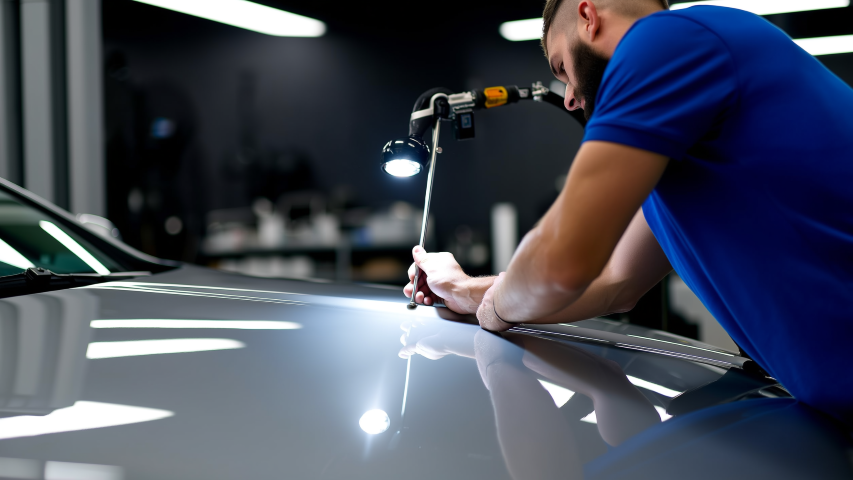 Hail damage car insurance Dallas TX — silver sedan with hail dents in a North Texas driveway