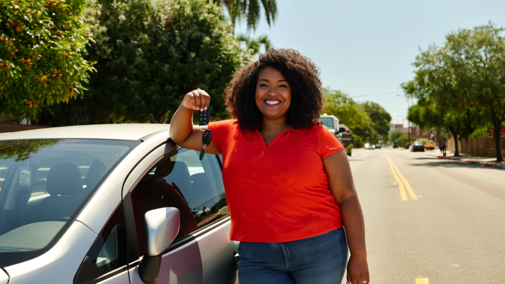Confident driver standing next to her car on a Dallas street holding keys after getting liability insurance