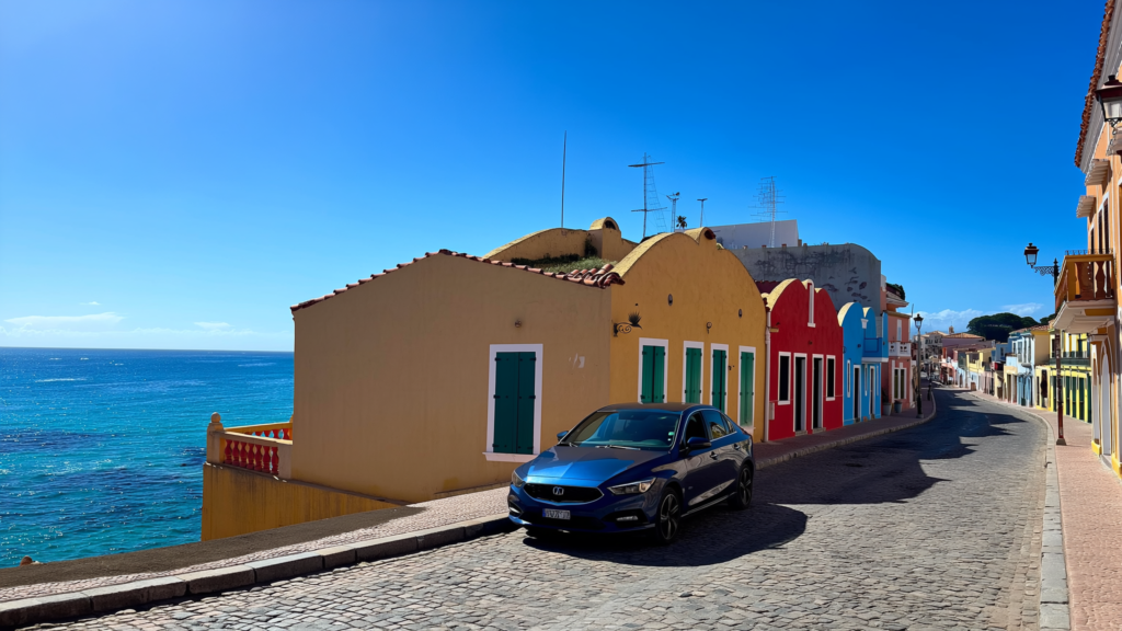 Car parked on a sunny coastal street in a Mexican town during a summer vacation