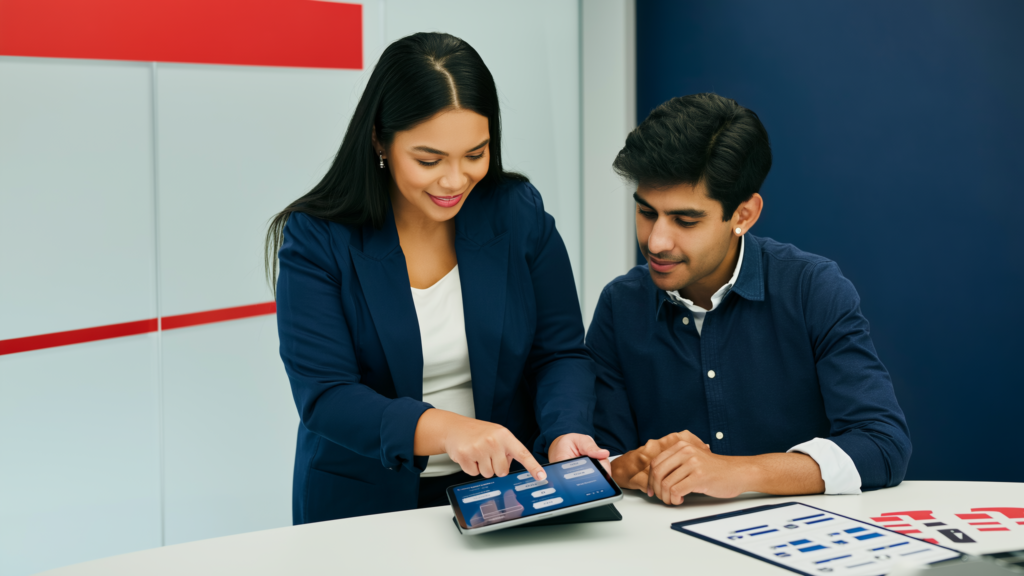 GI Auto Insurance agent helping a young Dallas driver compare liability coverage options on a tablet