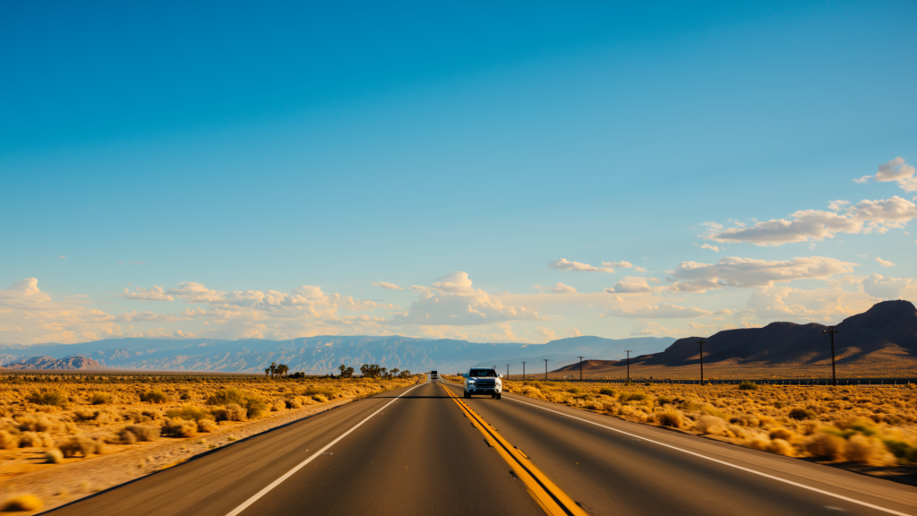 Car driving on a sunny highway from Dallas toward the Mexico border for a summer road trip