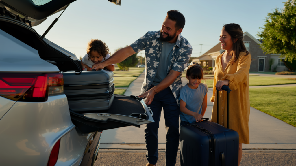Hispanic family loading suitcases into a car in Dallas before a road trip to Mexico