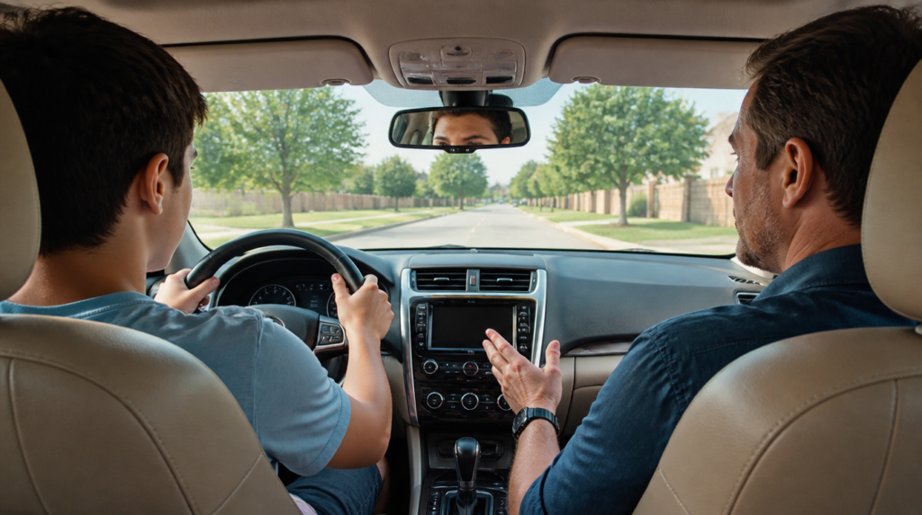 Teenage driver practicing behind the wheel with a parent coaching from the passenger seat in Texas