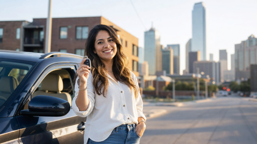 Conductora hispana sonriendo con las llaves de su carro asegurado en una calle de Dallas