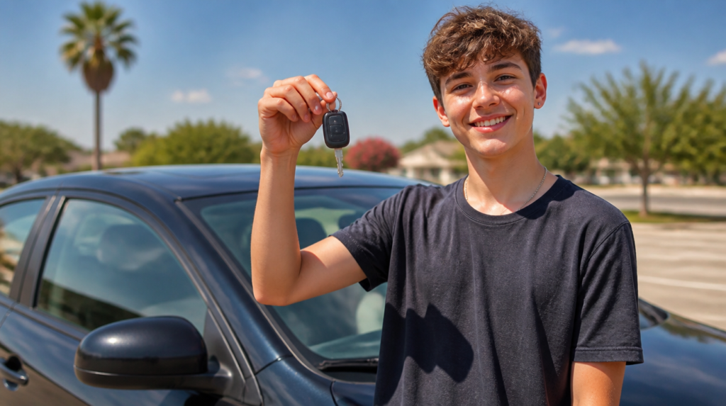 Happy teenage driver holding car keys beside his first car in a sunny Texas parking lot