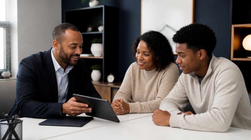 Insurance agent reviewing teen driver coverage options with a mother and son in a Dallas office