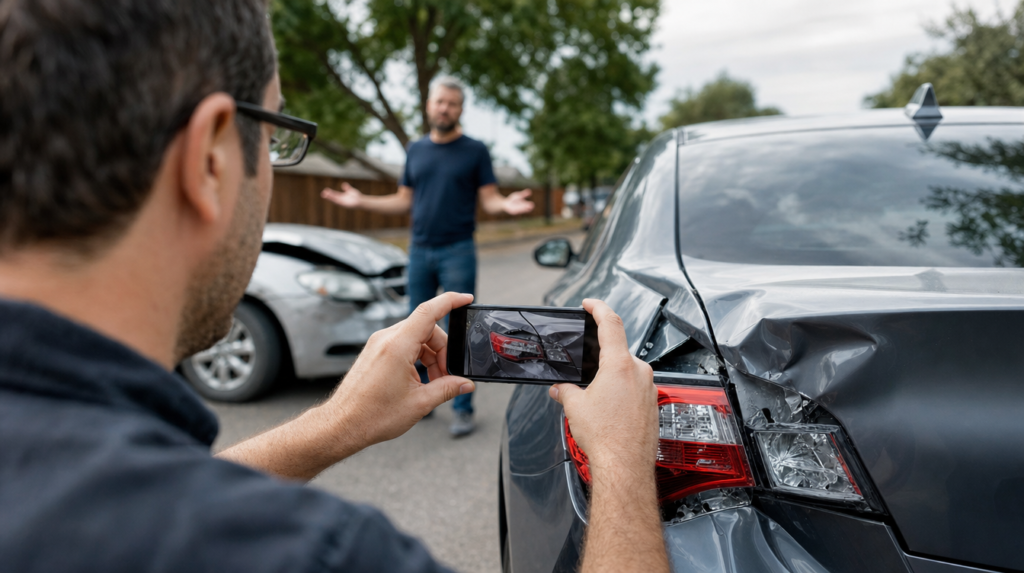 Driver photographing rear bumper damage with his phone while the at-fault uninsured driver shrugs in the background