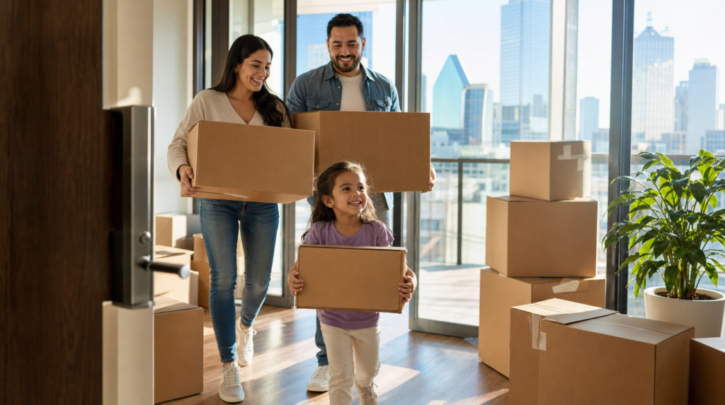 Familia hispana cargando cajas de mudanza a su nuevo apartamento en Dallas con vista al centro de la ciudad