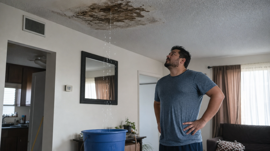 Fuga de agua del techo de un apartamento en Dallas cayendo en una cubeta mientras el inquilino observa el daño