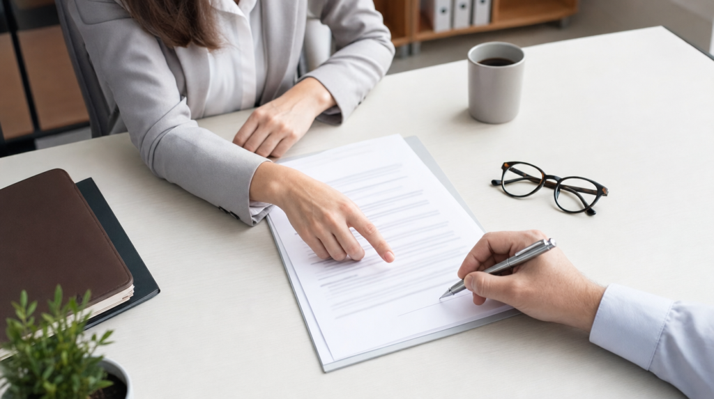 Insurance agent pointing to the signature line on a Texas UM/UIM coverage rejection form as a customer signs