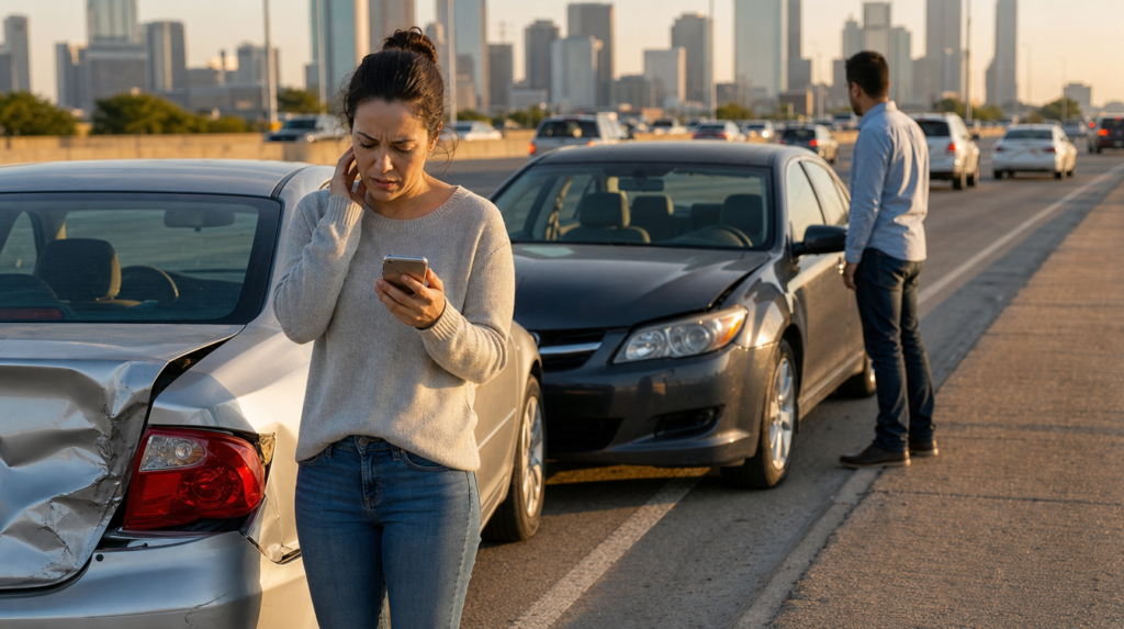Worried Dallas driver on the phone beside her damaged car after being hit by an uninsured motorist on a Texas highway