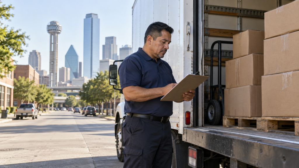 Box truck owner-operator checking a delivery load behind his truck in Dallas, TX