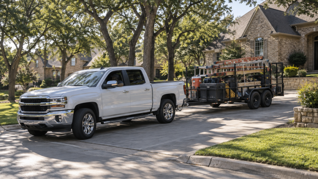 Contractor pickup truck towing an equipment trailer away from a North Texas job site