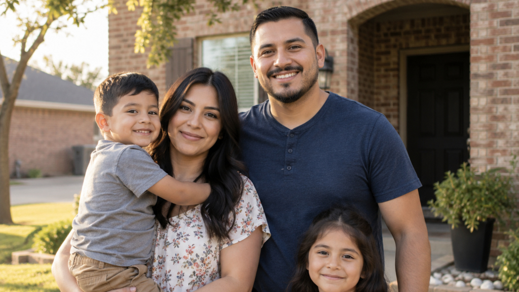 Familia hispana frente a su casa propia en un vecindario de Dallas, TX