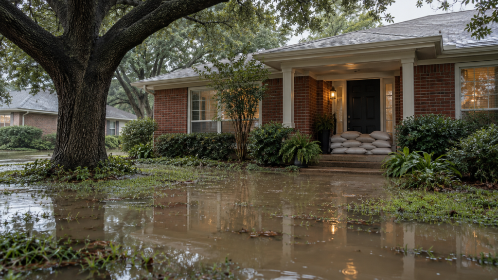 Sandbags stacked at the front door of a brick home in Dallas, TX after a storm