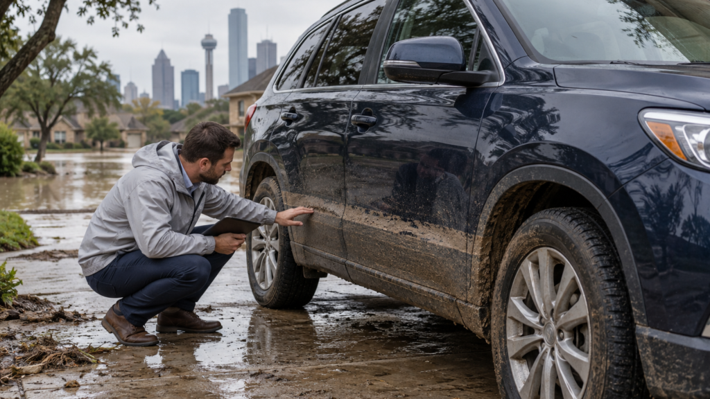 Insurance adjuster inspecting a flood-damaged SUV with a mud water line in Dallas, TX