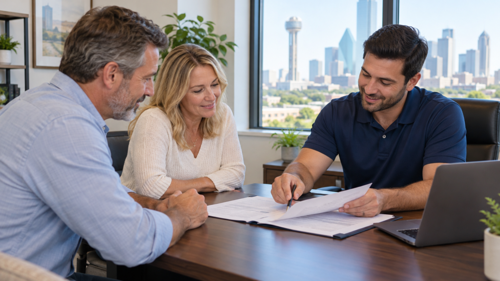 Insurance agent reviewing a flood insurance policy with a homeowner couple in Dallas, TX