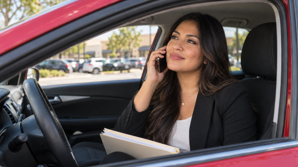 Mujer hispana llamando a una agencia de seguros desde su carro en Dallas, TX para tramitar un SR-22
